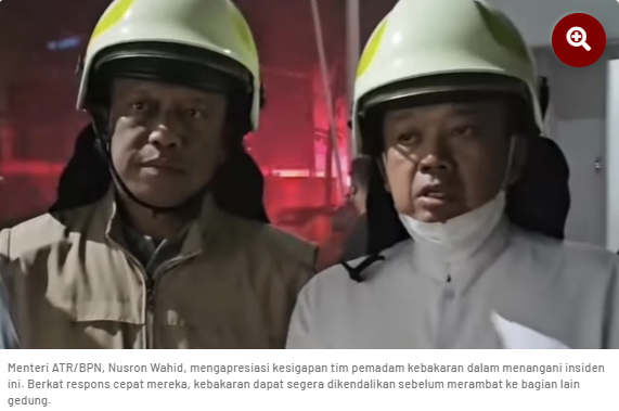 Menteri ATR/BPN, Nusron Wahid, mengapresiasi kesigapan tim pemadam kebakaran dalam menangani insiden ini. Berkat respons cepat mereka, kebakaran dapat segera dikendalikan sebelum merambat ke bagian lain gedung.